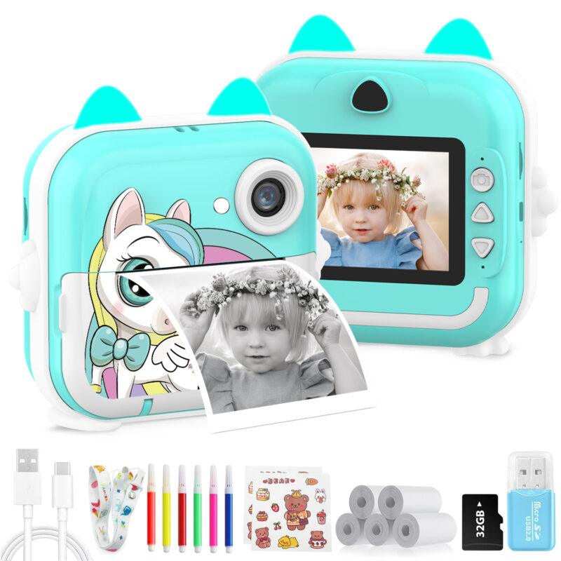 Instant Print Camera for Kids, 48MP 1080P HD, Bluetooth, 32GB Card, 4 Rolls Print Paper Blue