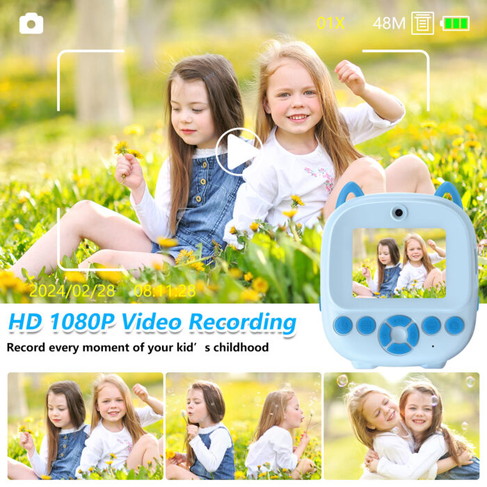 Instant Print Camera for Kids - 1080P HD, 32MP, 32GB Card, 3 Rolls Paper, Stickers Blue - Image 3