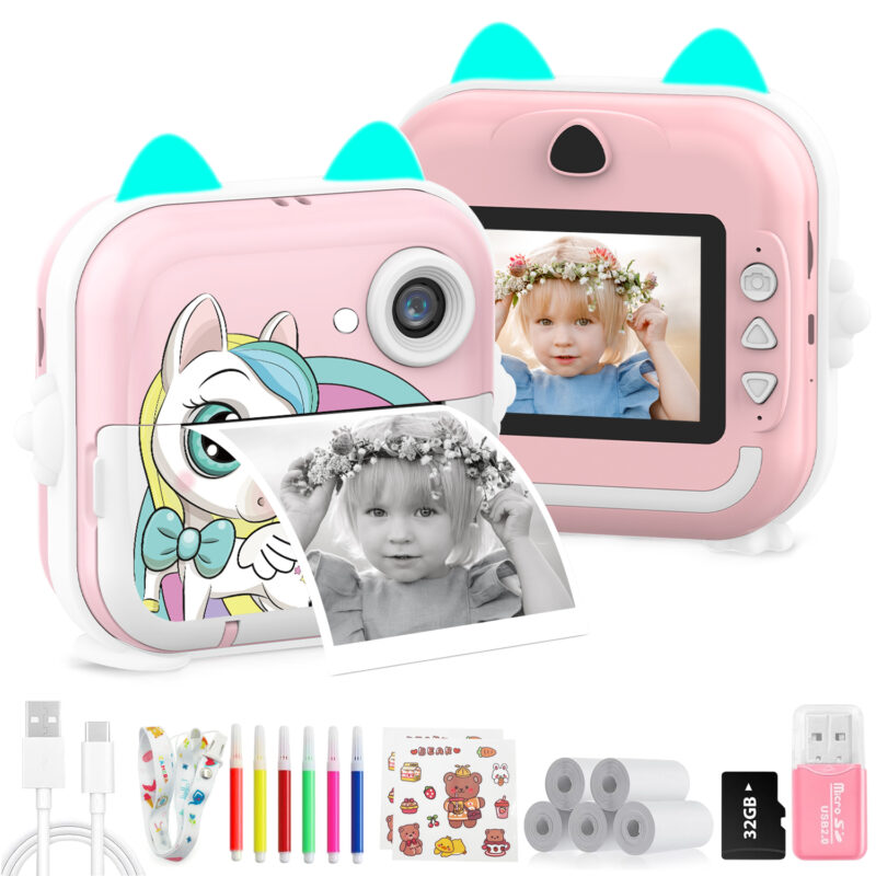 Instant Print Camera for Kids, 48MP 1080P HD, Bluetooth, 32GB Card, 4 Rolls Print Paper Pink
