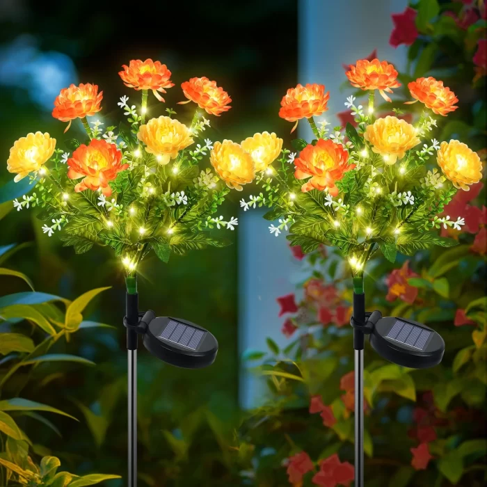 2 Pack Solar Flower Lights Outdoor Waterproof, 14 LED Garden Lights Yellow
