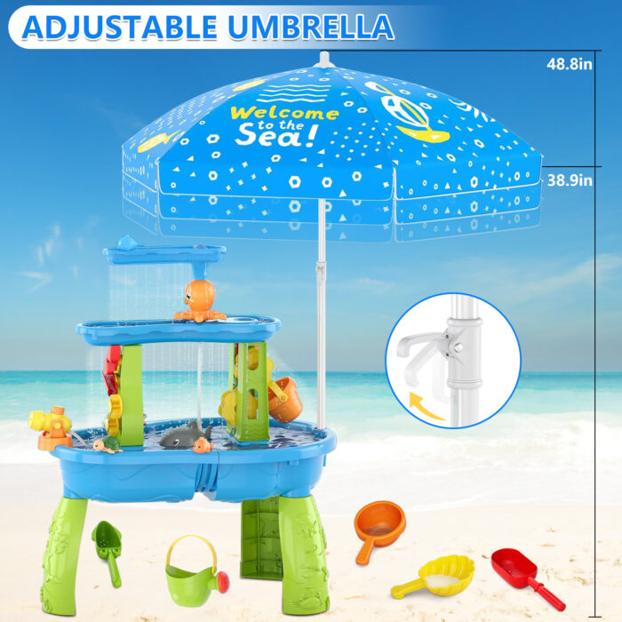 3-Tier Water Table for Toddlers with Umbrella & Water Pump - Image 5