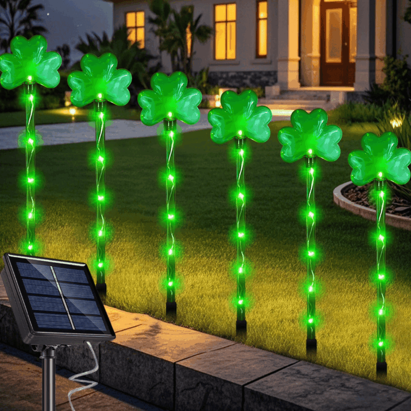 Rirool 6 Pack Solar Shamrock Lights Outdoor, St. Patrick’s Day Decorations with 8 Lighting Modes, IP65 Waterproof Garden Stake Lights for Yard Pathway Lawn Party (Green)