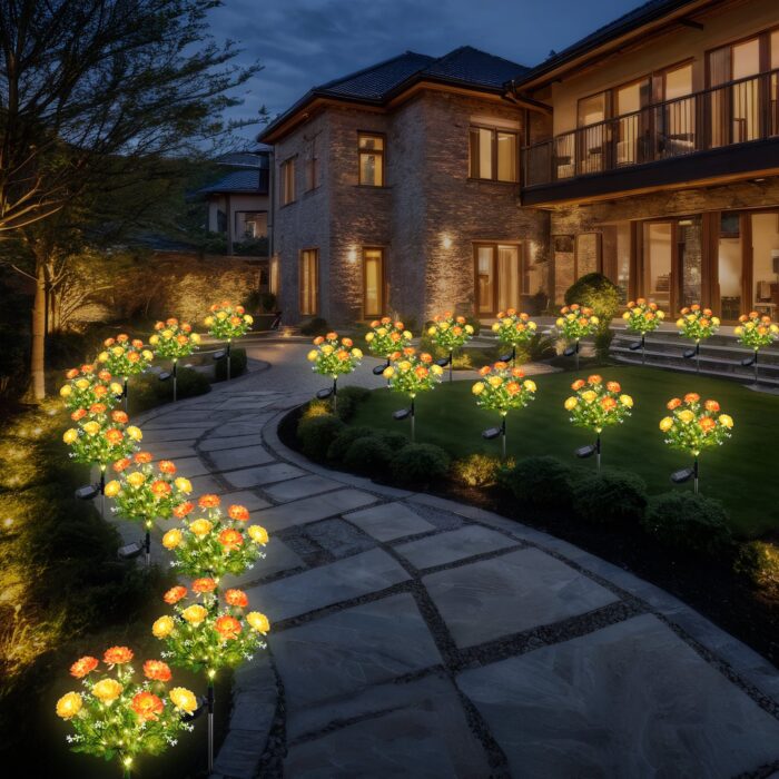 2 Pack Solar Flower Lights Outdoor Waterproof, 14 LED Garden Lights Yellow - Image 2