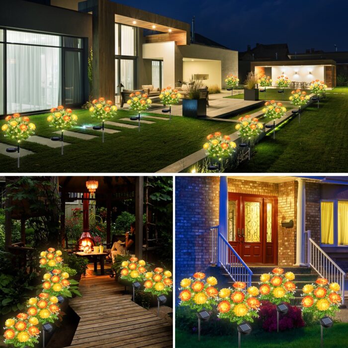 2 Pack Solar Flower Lights Outdoor Waterproof, 14 LED Garden Lights Yellow - Image 3