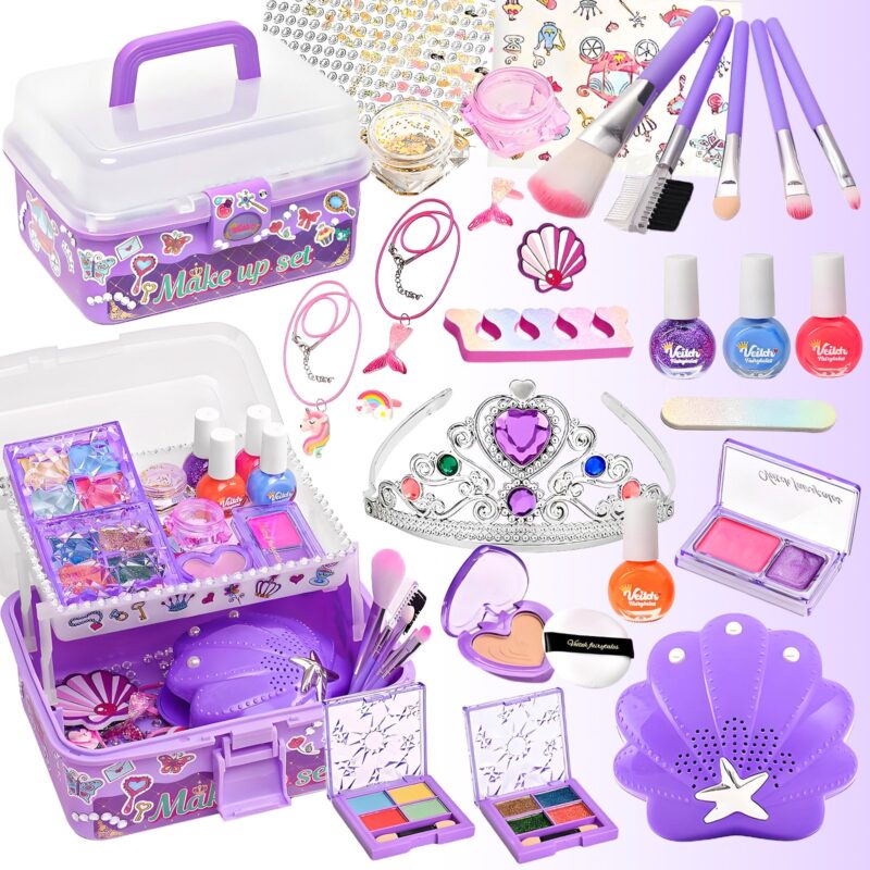 Kids Makeup & Nail Polish Kit for Girls - 2 in 1 Washable Cosmetic Set with Nail Dryer, Princess Crown & Jewelry - DIY Toys Gift for Ages 3-8 Purple