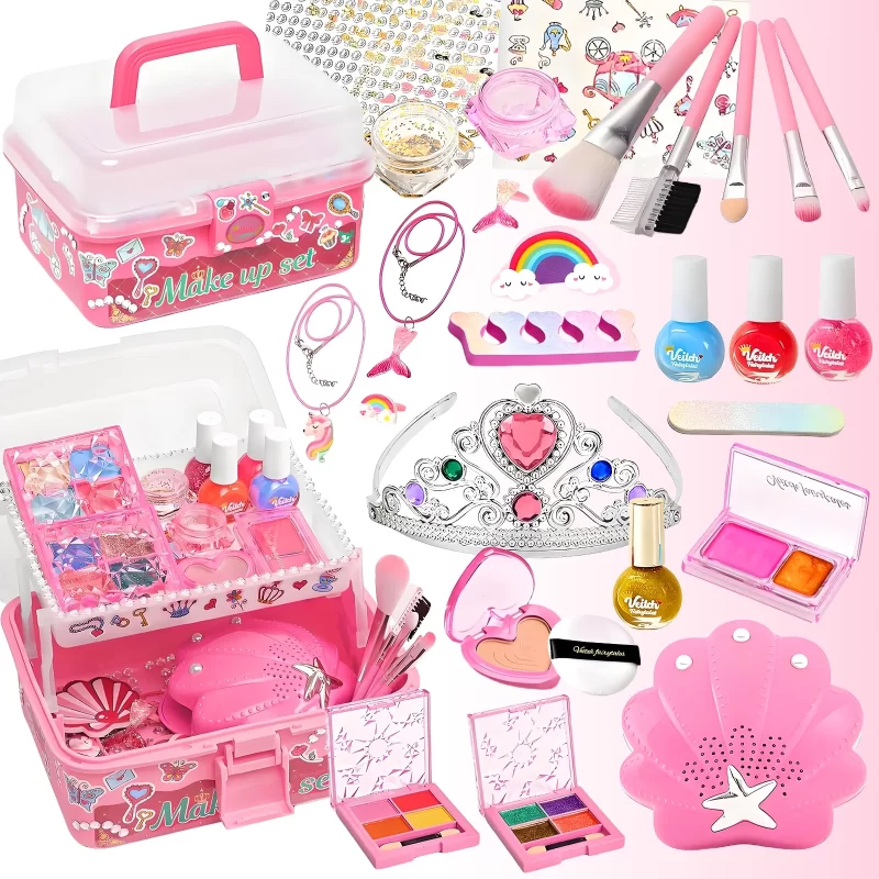 Kids Makeup & Nail Polish Kit for Girls - 2 in 1 Washable Cosmetic Set with Nail Dryer, Princess Crown & Jewelry - DIY Toys Gift for Ages 3-8 Pink