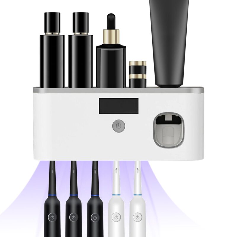 Rirool Wall Mount Toothbrush Holder with Toothpaste Dispenser - 5 Brush Slots, No Drill Installation, Solar/USB Charging, UV Sterilizer for Bathroom Organization, White