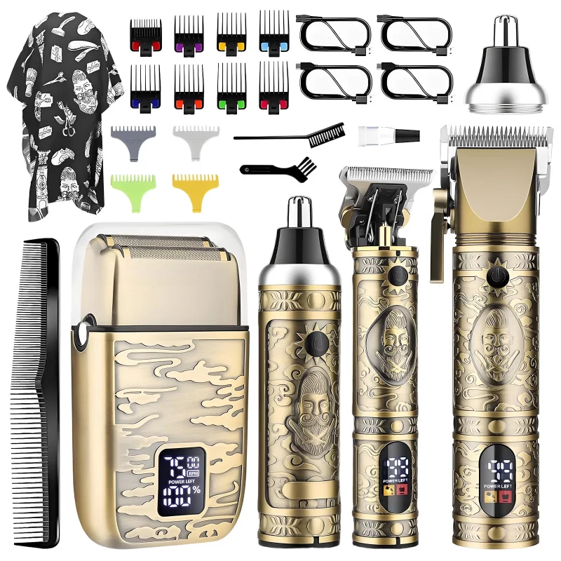 Professional Cordless Hair Clippers for Men - Zero Gap T-Blade Trimmer, Nose/Foil Shaver, 12 Guide Combs, LCD Display, 150min Runtime, Travel Case - Barber Kit for Home & Gifts Bronze