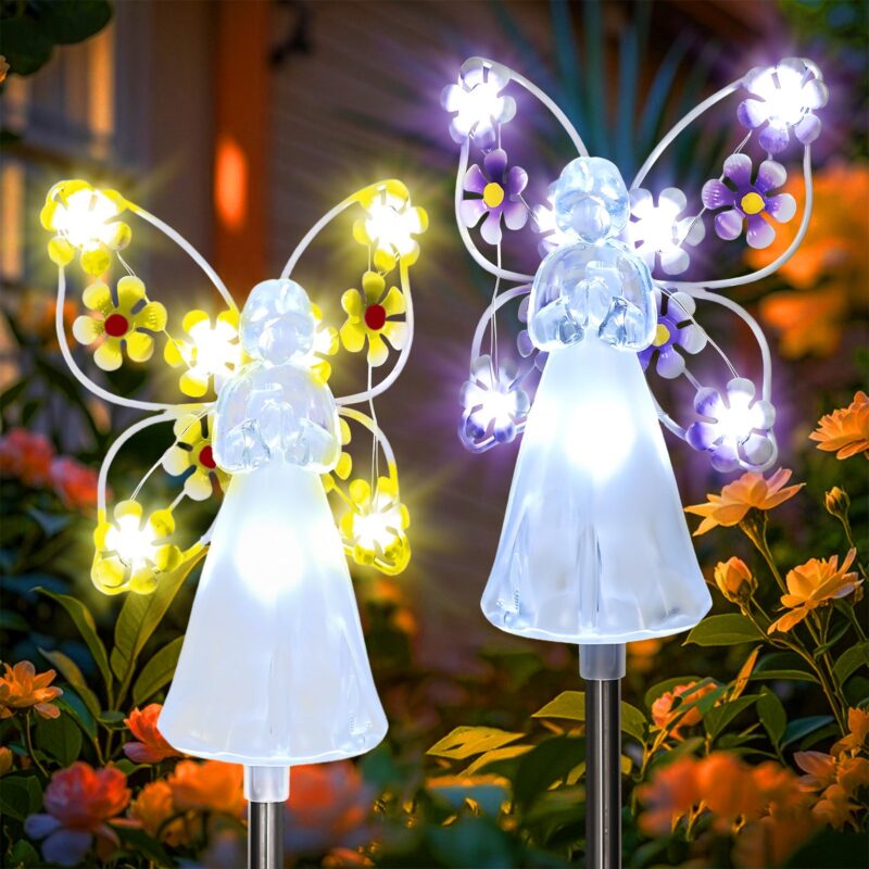 2 Pieces Solar Angel Stake Lights, Multicolor Angel LED Garden Decorations, Multicolor Garden Outdoor Solar Lights, Cemetery Decorations for Grave Yard