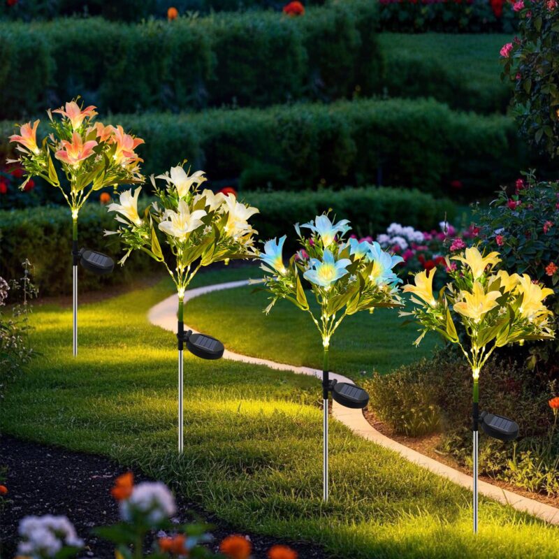 4 Pack Solar Flower Lights Outdoor, 28 LED Waterproof Garden Lights with 4 Colors, Decorative Solar Lily for Yard Pathway, Lawn, Camping Decor (Yellow/Blue/White/Pink)