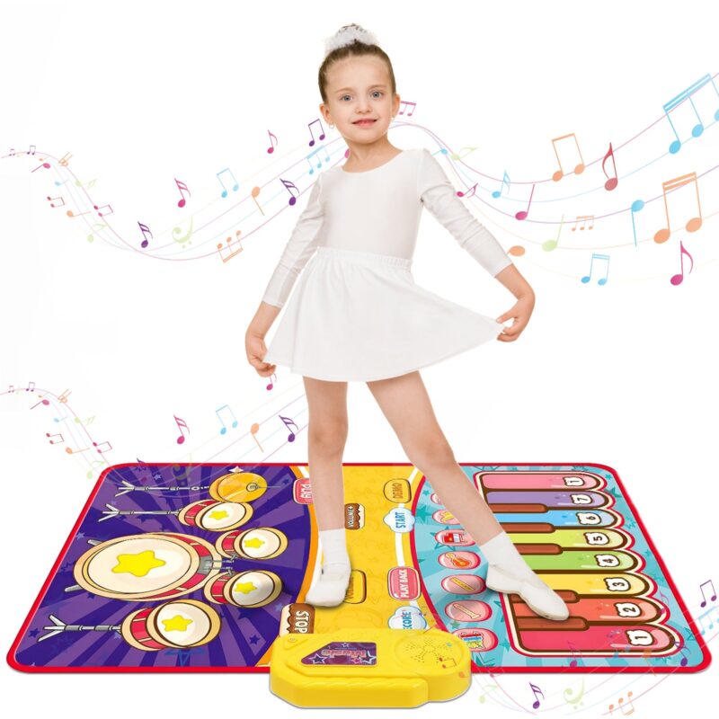 2-in-1 Electronic Dance Mat for Kids, Piano & Drum Play Mat with 2 Sticks, Non-Slip Musical Toy for Toddlers, Foldable Learning Pad - Birthday/Christmas Gift