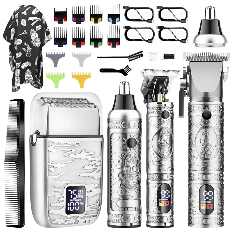 Professional Cordless Hair Clippers for Men - Zero Gap T-Blade Trimmer, Nose/Foil Shaver, 12 Guide Combs, LCD Display, 150min Runtime, Travel Case - Barber Kit for Home & Gifts Silver