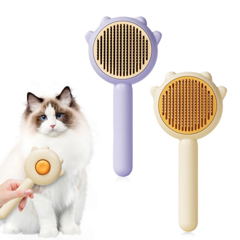 Self-Cleaning Pet Brush 2-Pack - Magic Grooming Comb for Cats/Dogs, Removes Loose Fur & Tangles, One-Touch Clean Button, Massage Bristles