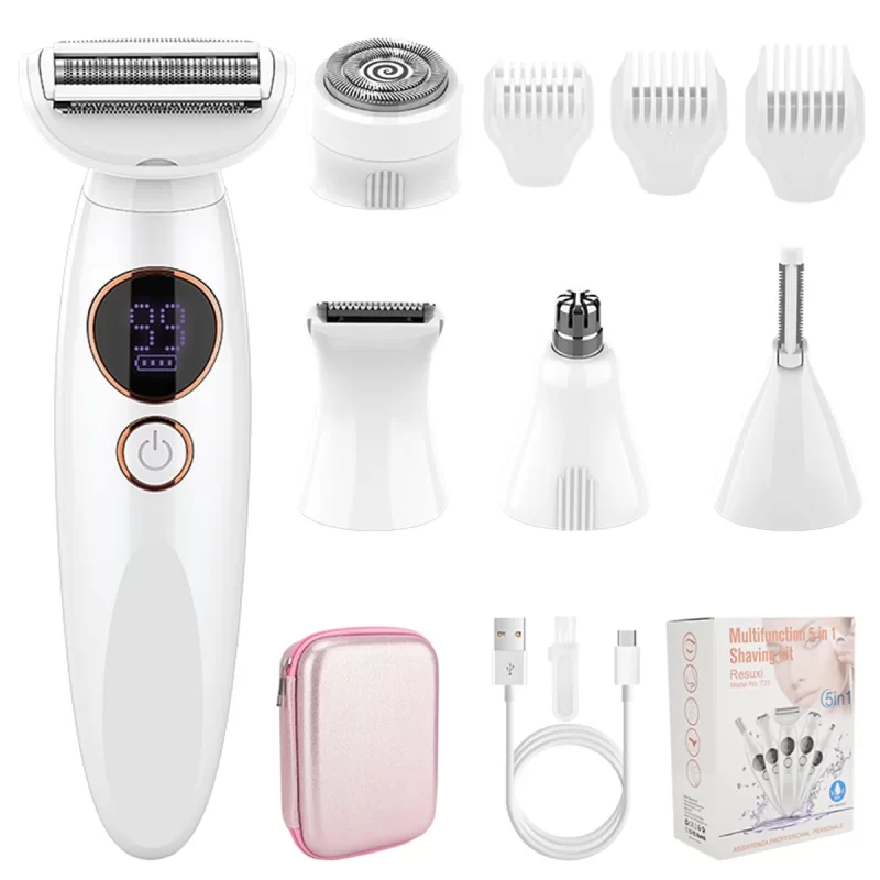 5-in-1 Electric Razor for Women - Rechargeable Painless Hair Remover for Face/Body/Bikini/Nose/Eyebrows, Wet&Dry USB Shaver with LED Display, Portable Trimmer Set