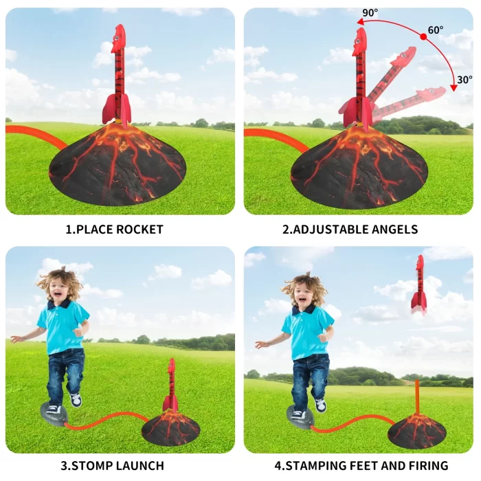 Rirool Dinosaur Rocket Launcher Toy – Stomp & Launch 6 Foam Rockets Up to 100ft, Outdoor STEM Activity for Kids Ages 3- - Image 2