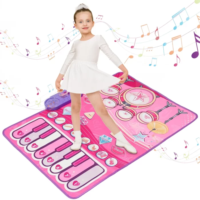 2-in-1 Electronic Dance Mat for Kids, Piano & Drum Play Mat with 2 Sticks, Non-Slip Musical Toy for Toddlers, Foldable Learning Pad - Birthday/Christmas Gift (Pink)