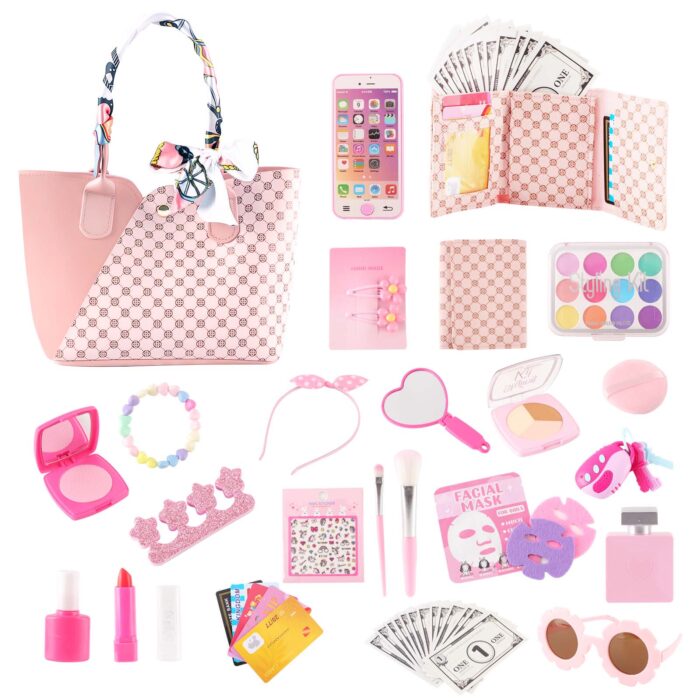 Rirool Kids Toy Travel Bag & Makeup Kit -42 Pcs Play Purse Set for Girls, Includes Wallet, Sunglasses, Phone, Sun Hat - Perfect Birthday Gift for 6-15 Year Olds