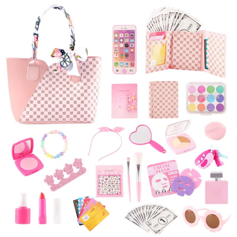 Rirool Kids Toy Travel Bag & Makeup Kit -42 Pcs Play Purse Set for Girls, Includes Wallet, Sunglasses, Phone, Sun Hat - Perfect Birthday Gift for 6-15 Year Olds