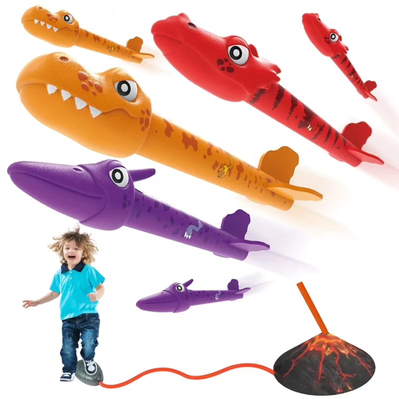Rirool Dinosaur Rocket Launcher Toy – Stomp & Launch 6 Foam Rockets Up to 100ft, Outdoor STEM Activity for Kids Ages 3-