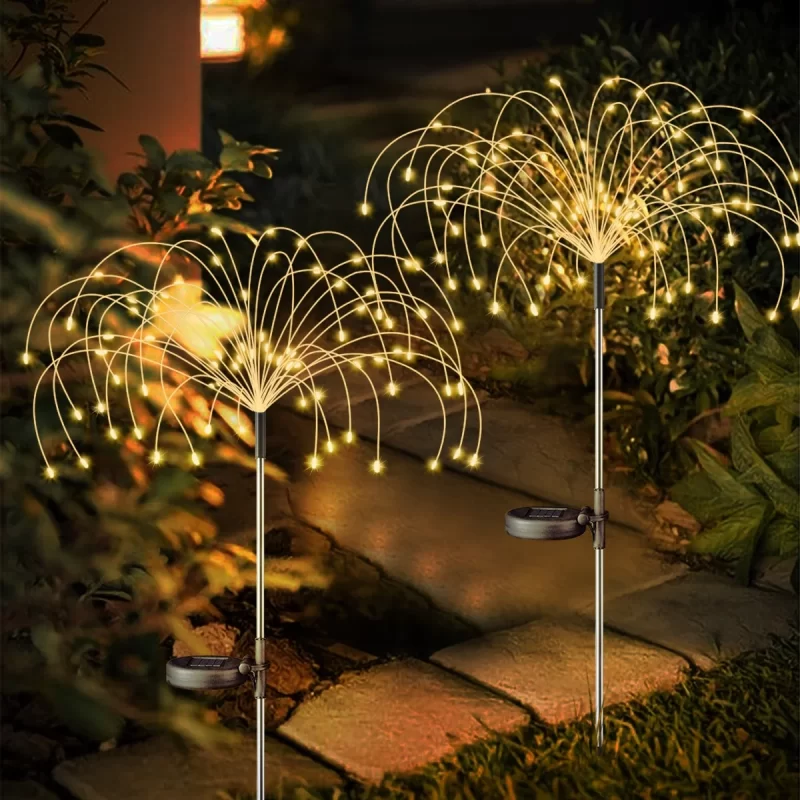 Rirool 2 Pack Solar Garden Lights, 120 LED Solar Firework Lights for Pathway, Yard, Party, Christmas Decor, Cool White, IP65 Waterproof, DIY Copper Wire, Auto On/Off