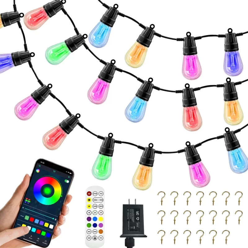 Rirool 50ft Outdoor String Lights with APP Control - 20 RGB LED Bulbs, IP65 Waterproof, Dimmable Color Changing Patio Lights for Garden, Party, Wedding