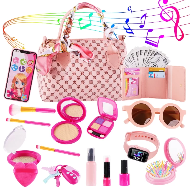 Rirool Play Purse Set for Little Girls, 38 Pcs Toddler Purse Princess Toys with Handbag, Phone, Wristwatch, Silk Scarf, Pretend Makeup Set Birthday Gift for Girls Age 3-6