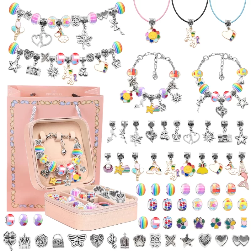 Rirool Charm Bracelet Making Kit for Girls 8-12, 68 Pcs DIY Jewelry Craft Set, Creative Birthday Gift for Kids with Charms, Beads, Chains & Jewelry Box