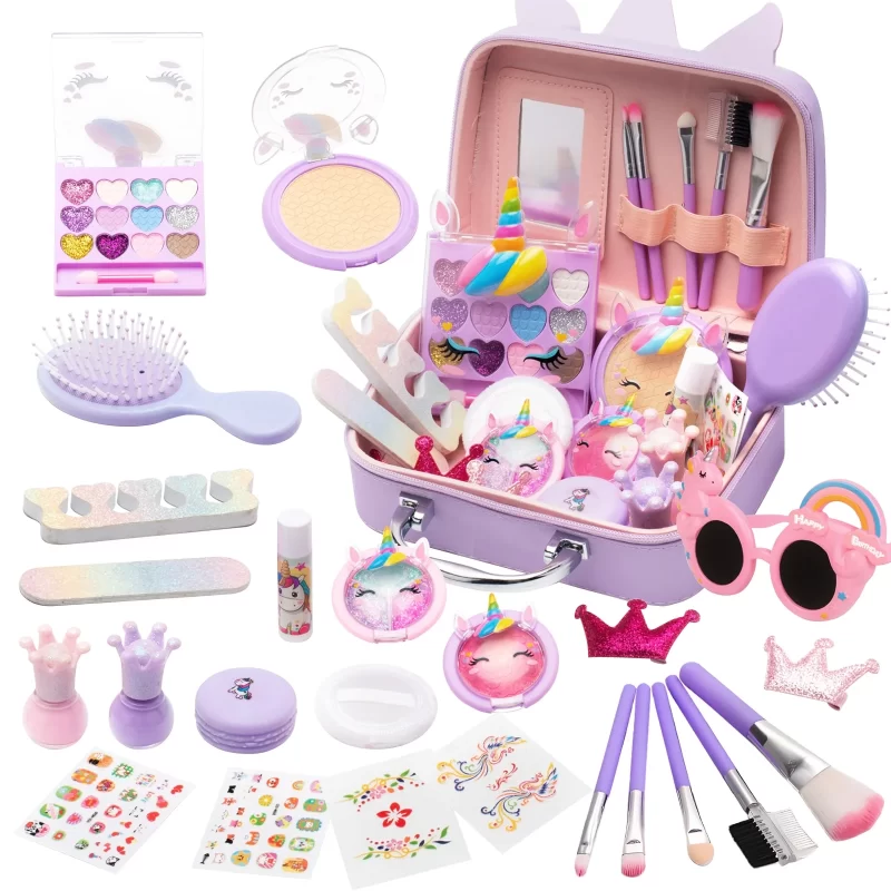 TiokMc Kids Makeup Kit for Girls, 26-Piece Washable Pretend Play Makeup Toys with Cosmetic Case, Princess Dress-Up Gift for Girls Ages 3-12, Purple