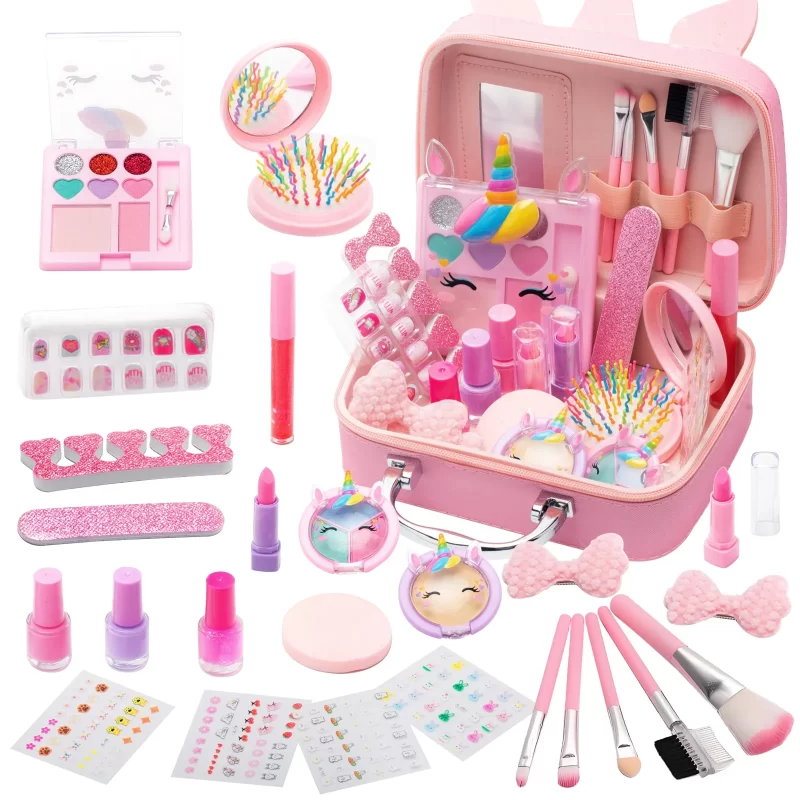 TiokMc Kids Makeup Kit for Girls, 26-Piece Washable Pretend Play Makeup Toys with Cosmetic Case, Princess Dress-Up Gift for Girls Ages 3-12, Pink