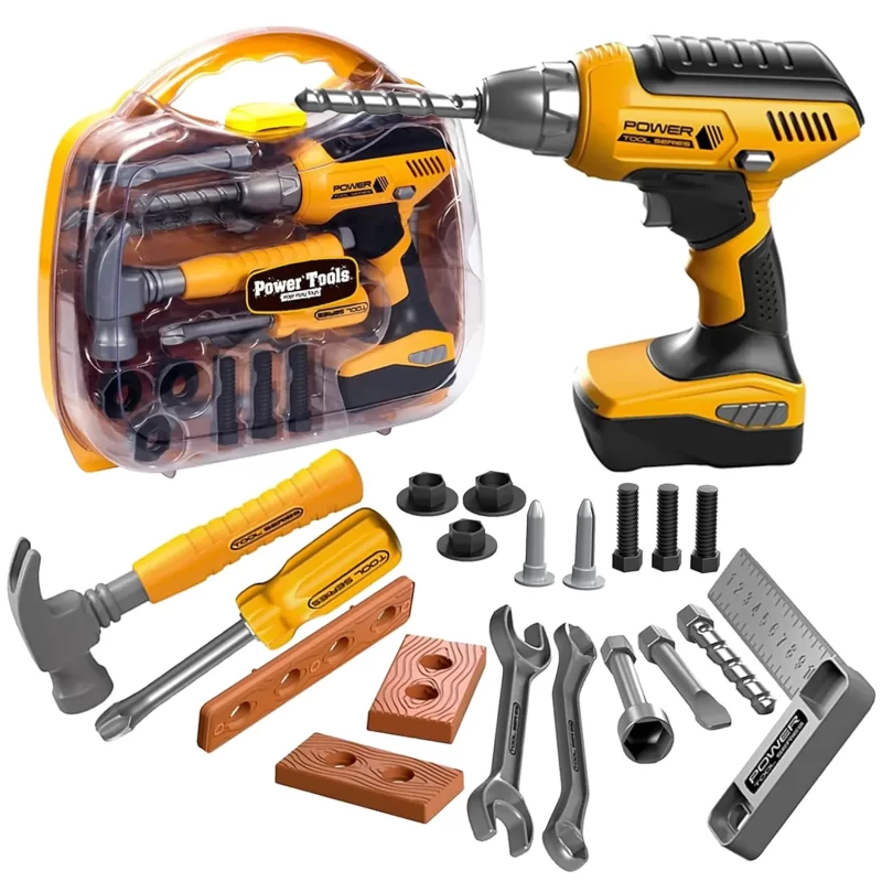 Rirool Kids Tool Set with Electronic Drill - 37pc Pretend Play Construction Toys for Toddlers 3-6, Toolbox, Hammer, Screwdriver & Wood Blocks