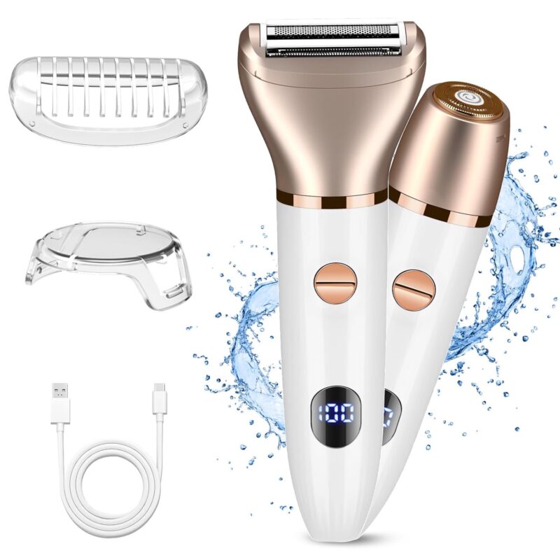TiokMc 2-in-1 Bikini Trimmer for Women, Electric Razor Kit Cordless Waterproof Body Hair Trimmer for Face, Arms, Legs, Bikini, Underarm, White