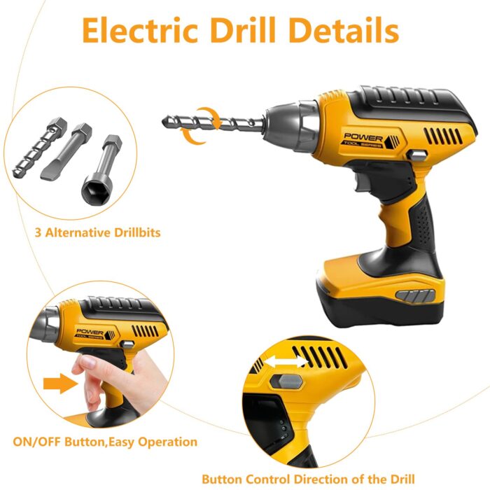 Rirool Kids Tool Set with Electronic Drill - 37pc Pretend Play Construction Toys for Toddlers 3-6, Toolbox, Hammer, Screwdriver & Wood Blocks - Image 2