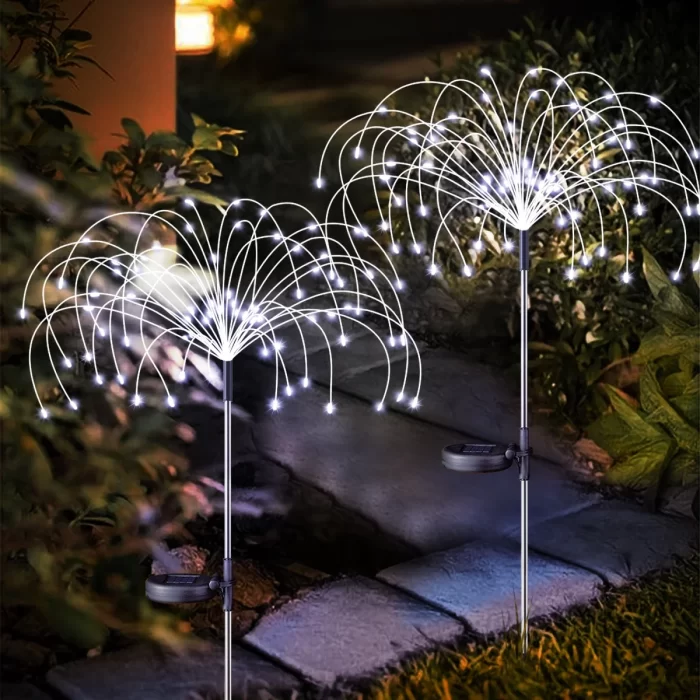 Rirool 2 Pack Solar Garden Lights, 120 LED Solar Firework Lights for Pathway, Yard, Party, Christmas Decor, Cool White, IP65 Waterproof, DIY Copper Wire, Auto On/Off