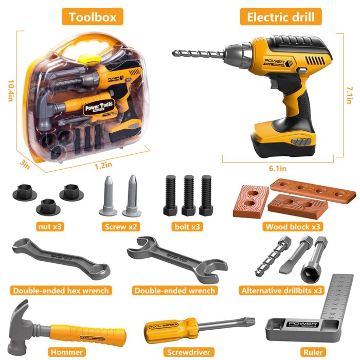 Rirool Kids Tool Set with Electronic Drill - 37pc Pretend Play Construction Toys for Toddlers 3-6, Toolbox, Hammer, Screwdriver & Wood Blocks - Image 3