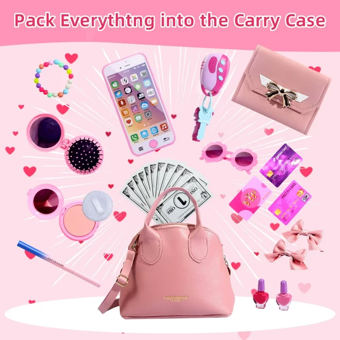 Rirool Princess Themed Play Purse - 31 Piece Toy Set with Handbag, Pretend Makeup, Smartphone, and More - Perfect for Girls' Role-Playing - Ages 3-8+ - Image 2