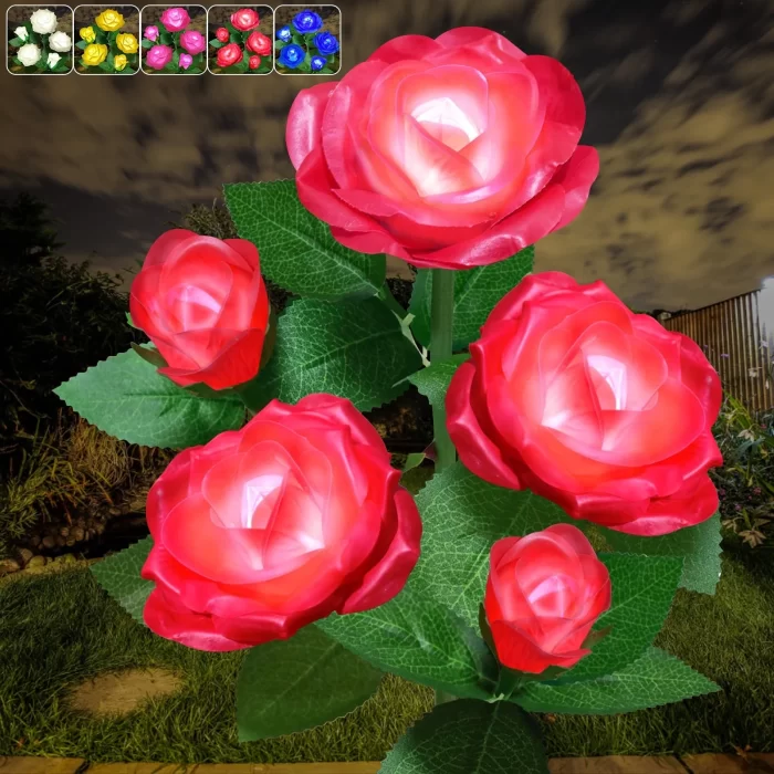 Outdoor Rose Flower Lights, Solar Powered Garden Decorations with 5 Rose Flower, Solar Stake Lights
