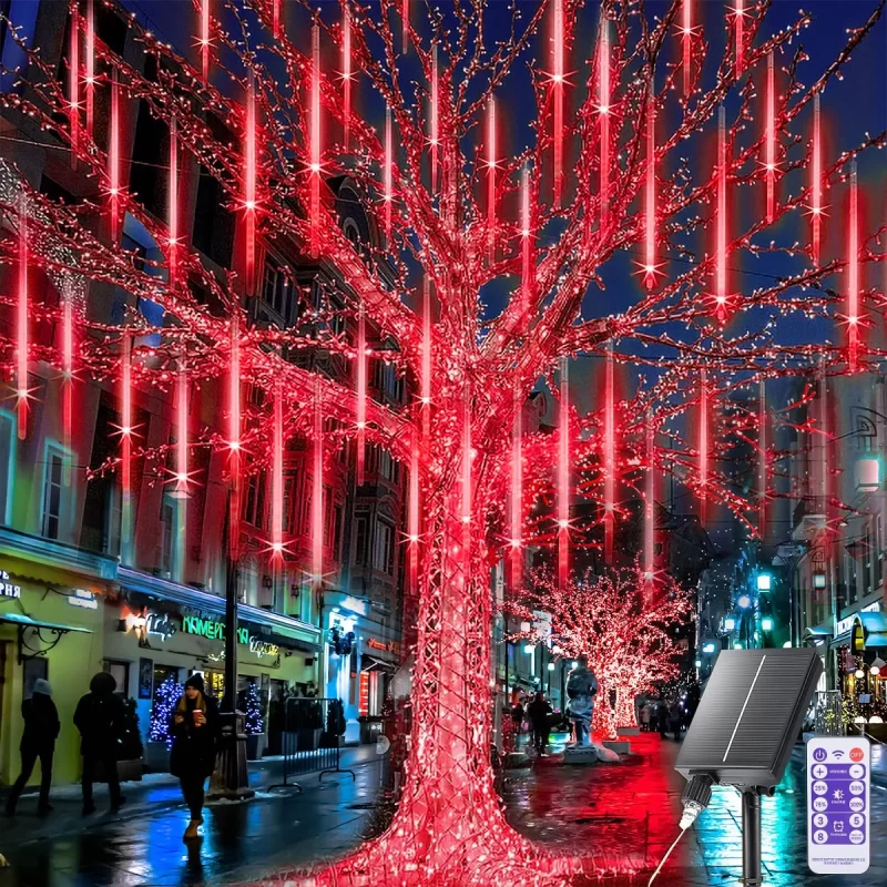 Solar Meteor Shower Icicle Lights - 8 Tubes 192 LED 11.8-inch Raindrop Lights with Remote Control Timer Function for Holiday Party Christmas Decorations (Red)