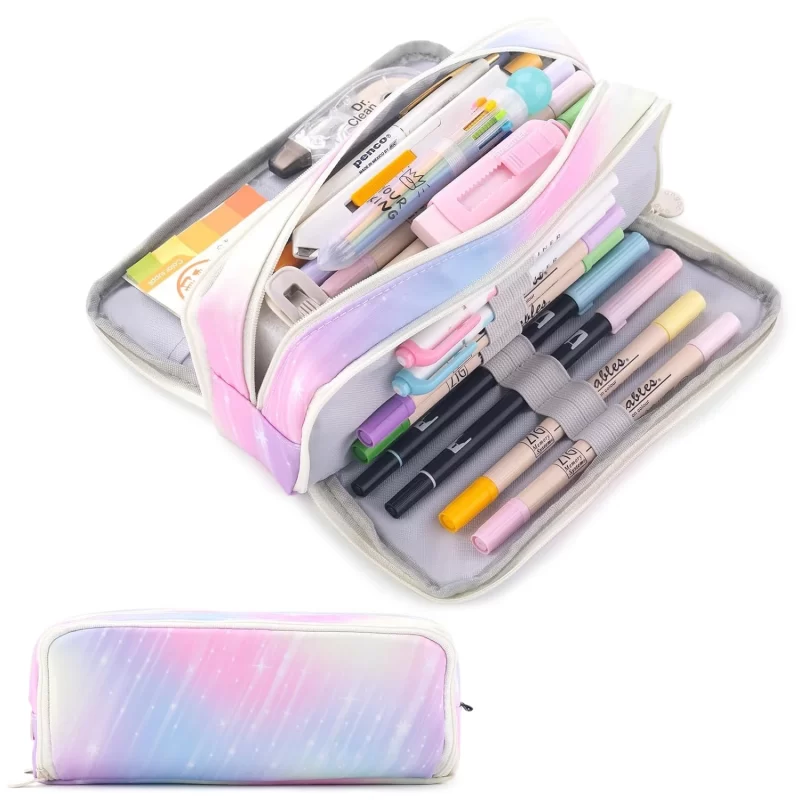 Rirool Large Capacity Pencil Case, 3 Zipper Compartments Pen Pouch for High School, College, Teachers, Office & Travel Use, Makeup Bag for Teens and Adults, Meteorpink
