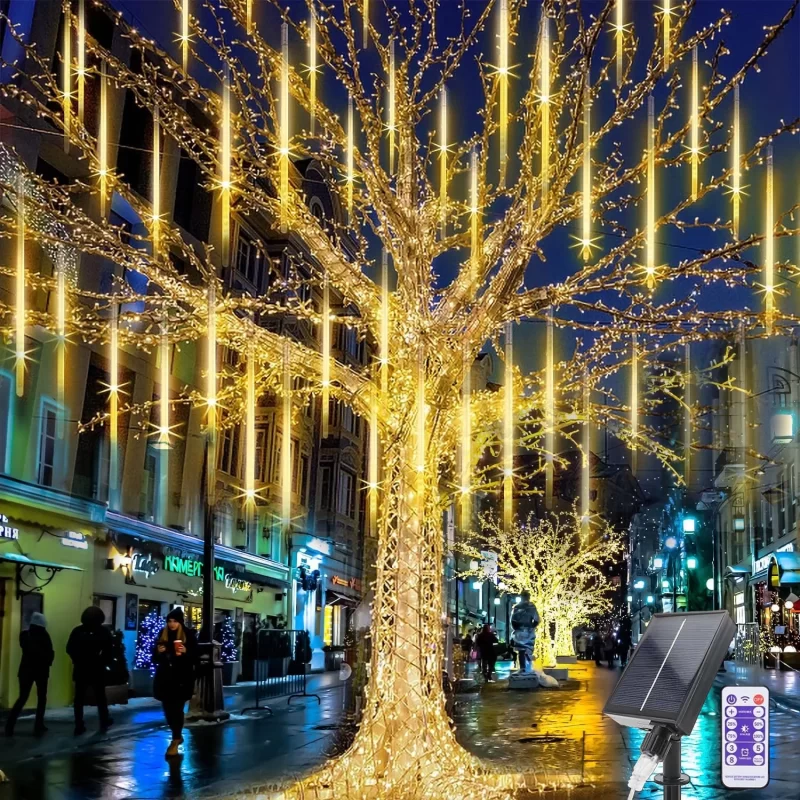 Solar Meteor Shower Icicle Lights - 20" 8 Tubes 288 LED Multicolor Raindrop Lights with Remote Timer - Holiday Party Christmas Decor (Warm)