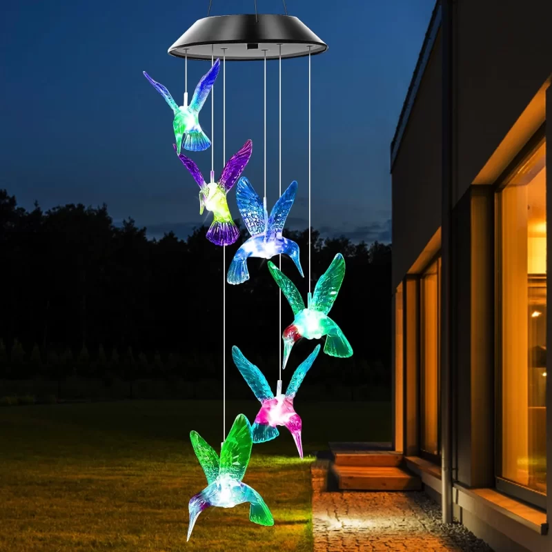 Rirool Color Changing LED Solar Hummingbird Wind Chime - Waterproof, Six Hummingbirds for Home, Party, Night Garden Decoration