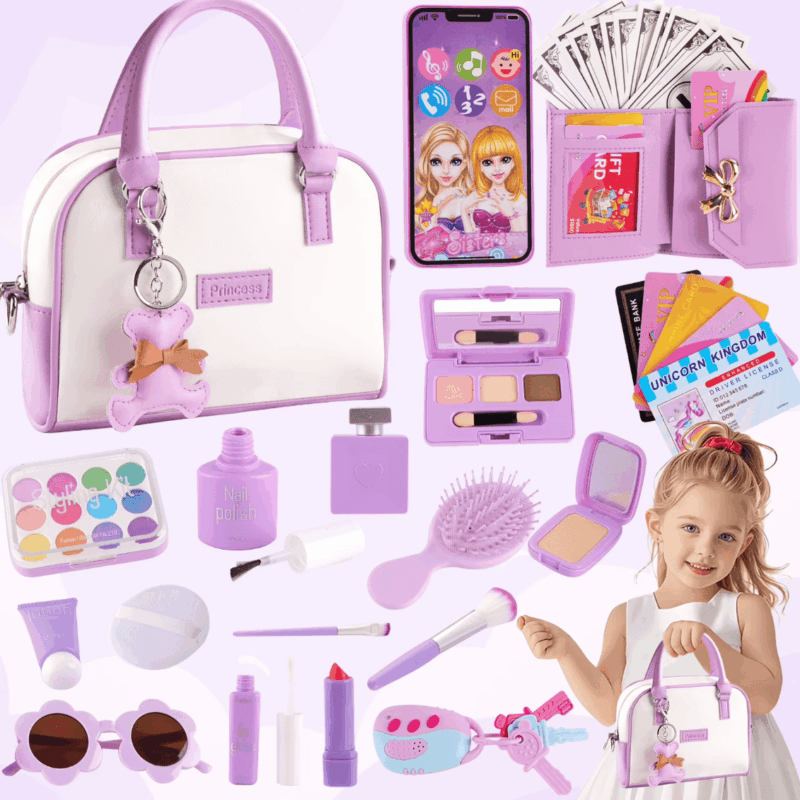 TiokMc Kids Toddler Play Purse, 37-Piece Set with Handbag, Pretend Makeup, Wallet, Phone & Princess Toys – Creative Role Play Gift for Girls Ages 3-6