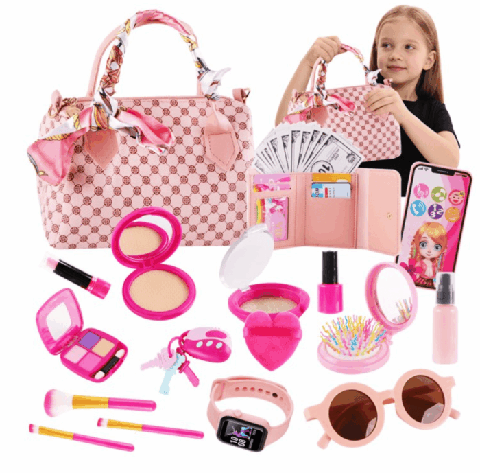 TiokMc Play Purse Set for Little Girls, 38-Piece Toddler Purse with Handbag, Pretend Makeup, Phone, Wristwatch, Silk Scarf & Princess Toys – Birthday Gift Ages 3-6