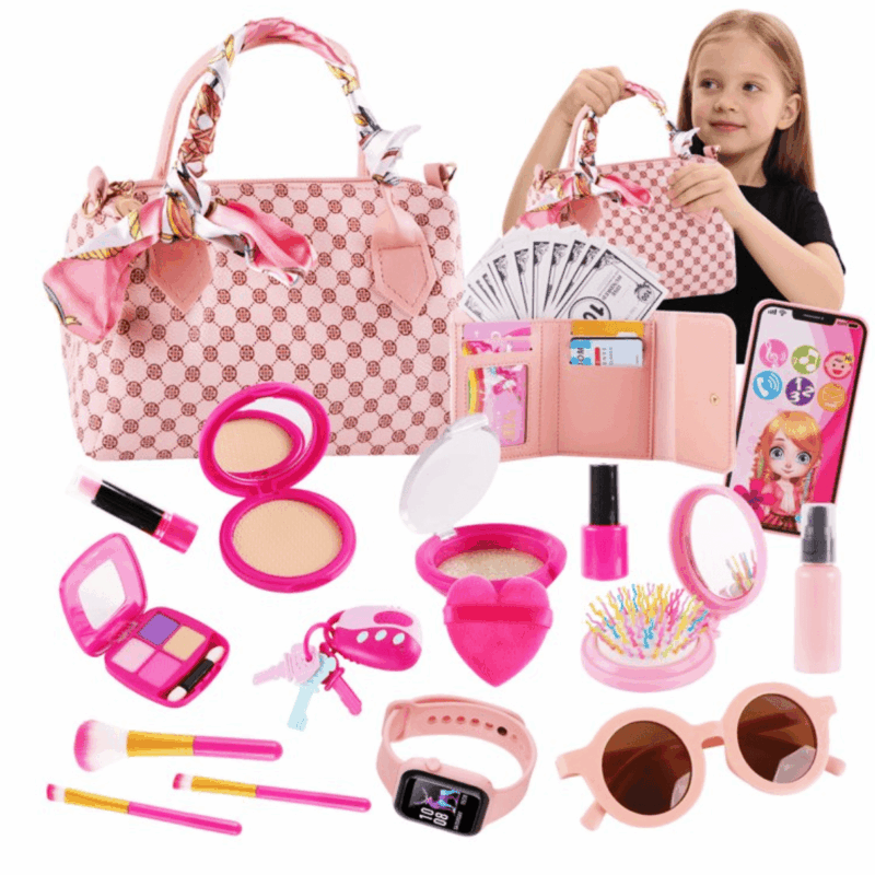 TiokMc Play Purse Set for Little Girls, 38-Piece Toddler Purse with Handbag, Pretend Makeup, Phone, Wristwatch, Silk Scarf & Princess Toys – Birthday Gift Ages 3-6