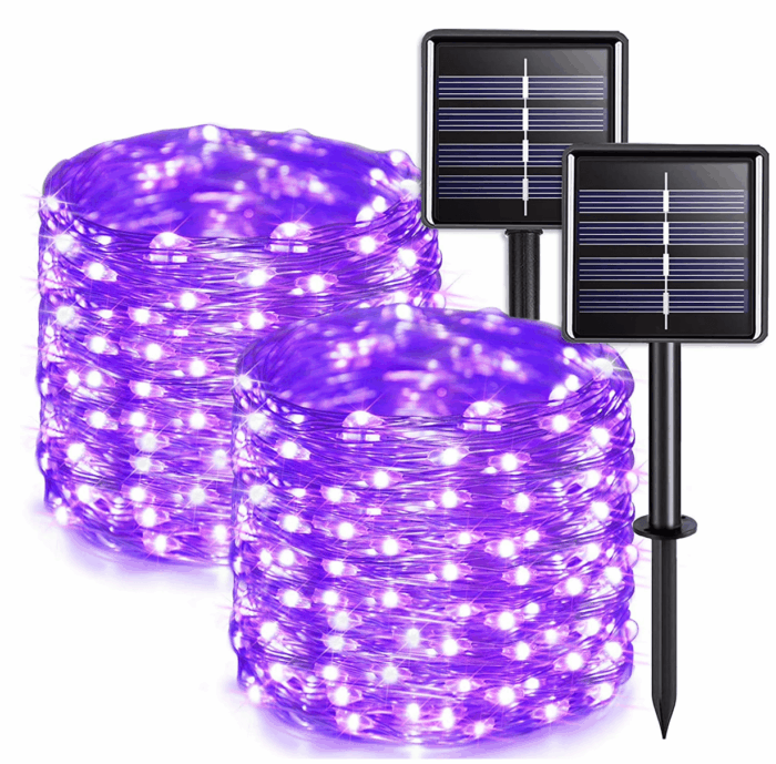Rirool Solar String Lights - 33ft, 100 LED Copper Wire, 8 Modes Fairy Lights - Waterproof Outdoor Decoration for Garden, Party, Wedding - Purple